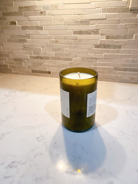 Reclaimed wine bottle candle-Short Green glass