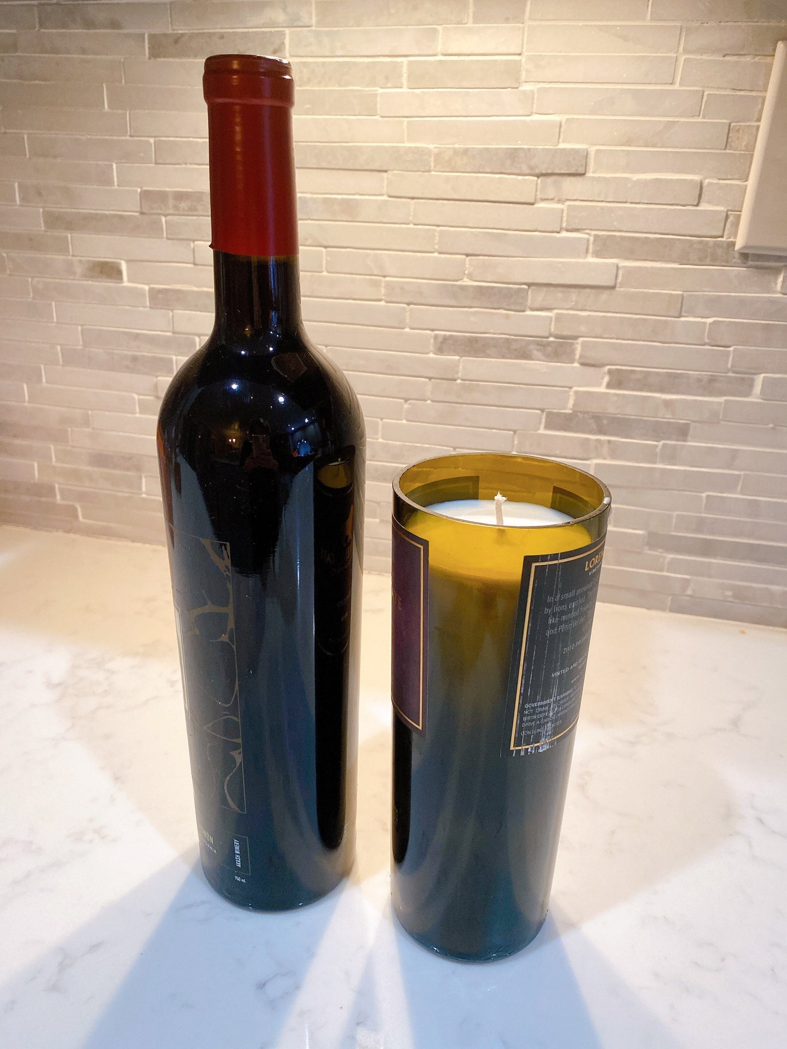 Reclaimed wine bottle candle-Tall Green glass